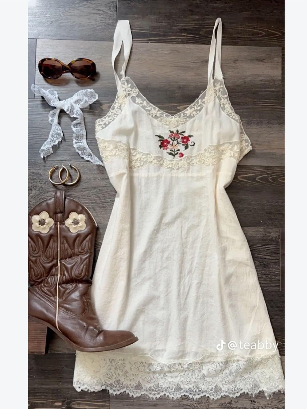 Zara Cream Slip Dress with Red Floral Embroidery